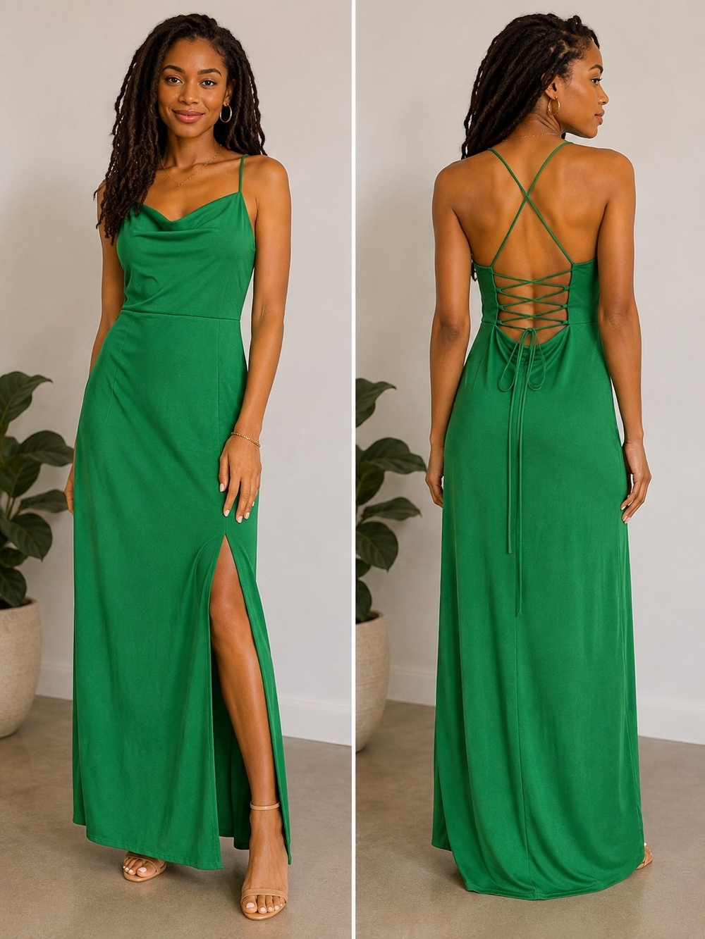 wild fable Emerald Green Cowl Neck Lace-Up Back Maxi Dress